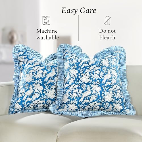 CPC Block Print Ruffle Throw Cover Blue Sapphire 20"x20" Inch Pack of 2-100% Cotton Ruffle Couch Decorative Boho Pillows Case for Living Room, Bedroom, Sofa, Farmhouse Gift for Spring, Mother's Day - Image 6