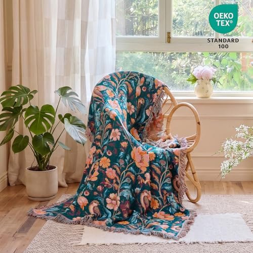 MSGKV Boho Throw Blanket for Couch Bed Cotton Muslin Breathable Flowers Birds Floral Twin Size Blanket 60"x80" for All Seasons Lightweight Farmhouse Blankets - Image 6
