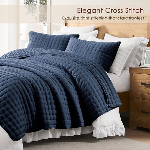 WDCOZY Navy Blue Oversized California King Size Quilt Bedding Sets with Pillow Shams, Cal King Lightweight Bedspread Coverlet, Quilted Blanket Thin Comforter Bed Cover, 3 Pieces, 118x106 inches - Image 3