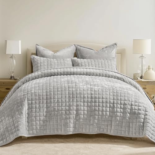 RECYCO Channel Box Stitch Velvet Quilt Set, Full Queen Size, Frost Gray by RECYCOHOMECOLLECTION