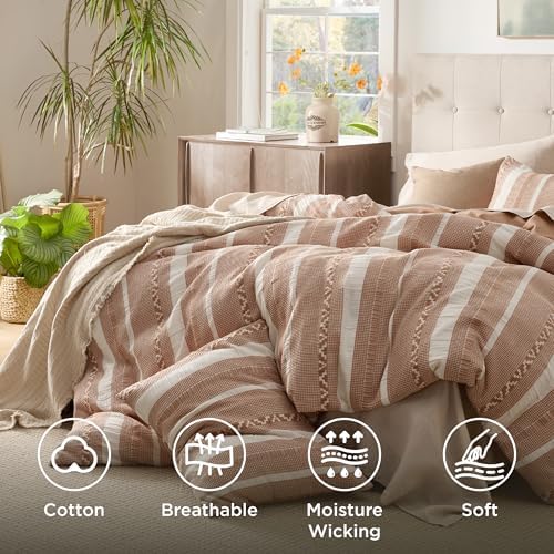Bedsure PureWoven Boho Striped 100% Cotton Waffle Duvet Cover Set, Queen - Image 4