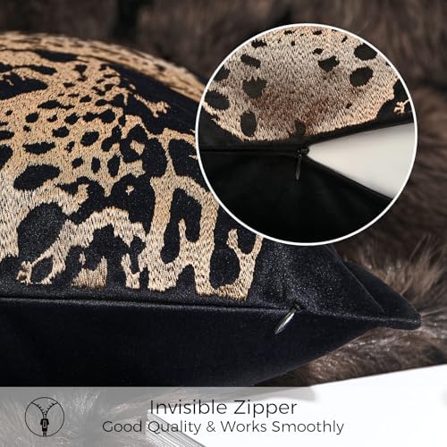 Luxury Black Velvet Lumbar Pillow Covers 12x20'' inches, Hand-Embroidered Brown Cheetah Face Decorative Throw Pillow Case, Modern Glam Home Accent with Hidden Zipper for Living Room - Image 4
