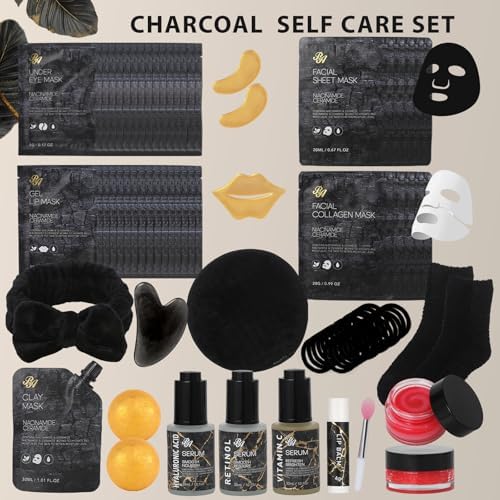 Gifts for Women, 55 Pcs Charcoal Hydrating Skin Care Set, Home Spa Basket - Image 2