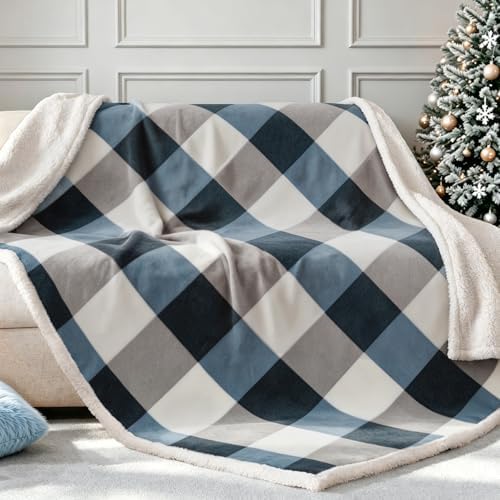 PU MEI Sherpa Fleece Throw Blanket 60" x 80" Reversible Plush Fluffy Large Big Blanket Lattice Flannel Blankets for Sofa Couch Bed (Grey-Soft Blue, 60"*80") - Image 5
