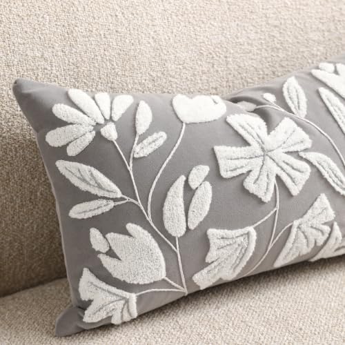 BlissBlush Long Lumbar Pillow Cover 14x36 for Bed, Light Gray Floral Tufted Velvet Accent Oversize Throw Pillowcase for Bedroom, Cover Only - Image 7