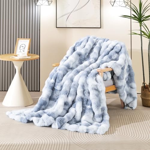 Latepis Faux Fur Fluffy Blanket for Couch, Super Soft Luxury Faux Fur Bubble Plush Thick Warm Cozy Fuzzy Twin Blanket for All Seasons, 60” x 80”, Tie-dye Blue, 860GSM - Image 2
