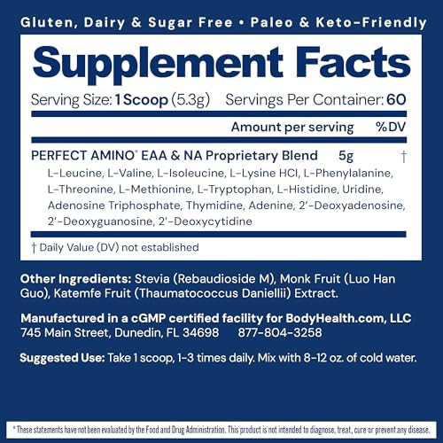 BodyHealth PerfectAmino - BCAA and EAA Powder for Pre and Post Workout - Amino Acid Energy Drink for Men and Women to Support Lean Muscle and Recovery - Unflavored (Lightly Sweetened) - 60 Servings - Image 2