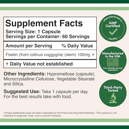 Fisetin 100mg, Senolytic Flavonoid, Healthy Aging + Brain, 60 Capsules - Image 2