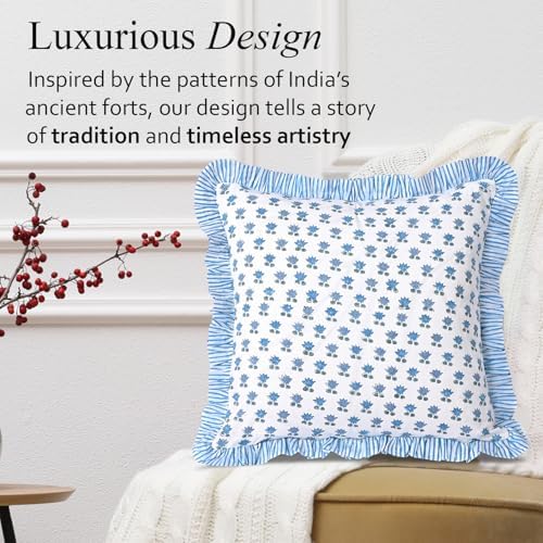 CPC Arctic Blue Hand Block Print 100% Cotton Ruffle Throw Pillow Cover 24x24 inch with Hidden Zipper Decorative for Couch, Bed, Sofa, Farmhouse, Cottagecore Decor Gift Christmas Fall Thanksgiving - Image 4