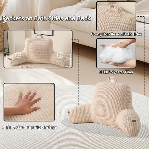 Reading Pillow for Sitting in Bed with Arm,White Corduroy, M - Image 5
