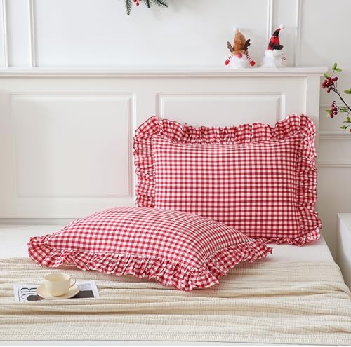 2 Pack Red/White Gingham Pillowcase 20x26 inches 100% Washed Cotton - Image 2