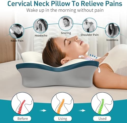 Cervical Pillow for Neck Pain Relief - Ergonomic Neck Pillow, White & Blue - Image 3