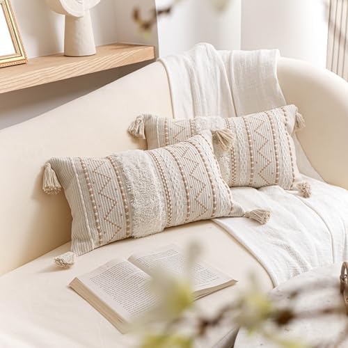 BlissBlush Decorative Lumbar Throw Pillow Covers 12x20 Combo Set of 2 Cream Neutral Rectangular Boho Accent Pillowcase Farmhouse Cushion for Couch Sofa Bedroom Living Home Décor Cover ONLY - Image 5
