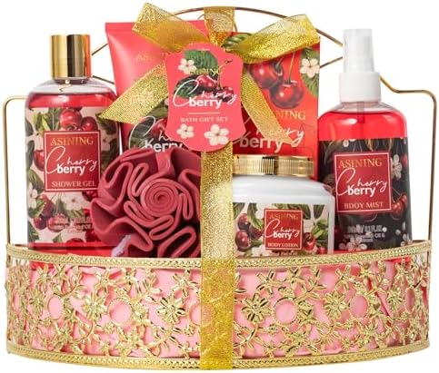 Bath & Body Basket Set, Cherry Fruit Scent Spa Gift Basket with Shower Gel, Lotions for Women Gift Set, Spa Kits for Christmas Valentine's Birthday Gift All Occasion Holiday Gift Idea Luxury Bath Set by ASINING