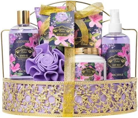 Bath and Body orchid Jasmine Purple Gift Set, 7pc Gift Basket for Women Mom by ASINING