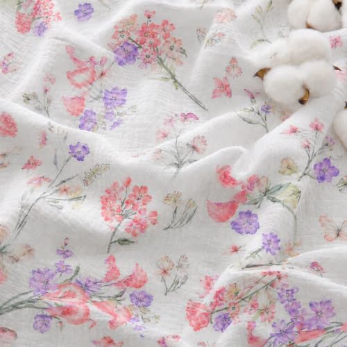 Viviland Cooling Muslin Blanket Queen Size for Bed Summer Gauze Blanket for Adults Breathable Lightweight Soft for Hot Sleepers Linen 90 x 90 Inches Pink Purple Flowers by VIVILAND