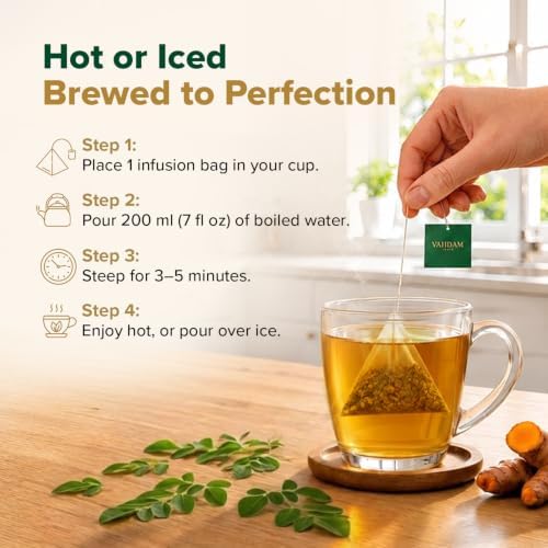 VAHDAM, Turmeric Moringa Tea Bags (100 Herbal Tea Bags) Caffeine Free, Non GMO | 100% Pure Herbal Blend - Sweet & Earthy | Resealable Ziplock Pouch - Image 4