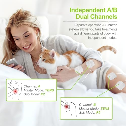 AUVON Dual Channel TENS Unit 24 Modes Muscle Stimulator for Pain Relief,Rechargeable TENS Machine Massager with 12 Pads, ABS Pads Holder, USB Cable and Dust-Proof Storage Bag - Image 5