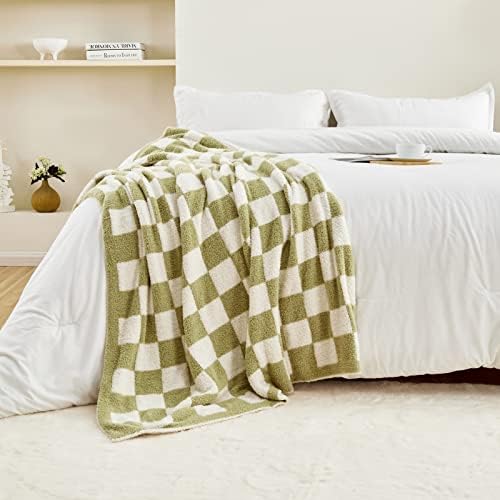 CozeCube Sage Green White Reversible Checkered Knit Throw Blanket 50"x60" - Image 7