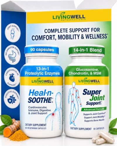 HEAL-N-SOOTHE & Super Joint Support Supplements Bundle- Proteolytic Enzymes (Bromelain & Papain), Glucosamine, MSM, & Turmeric for Strong Joints, Flexibility & Body Wellness – 180 Capsules (2 Pack) by Heal-n-Soothe%C2%AE