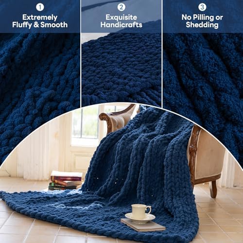Chunky Knit Throw Blanket for Couch，60X80 Inches Deep Blue - Image 6