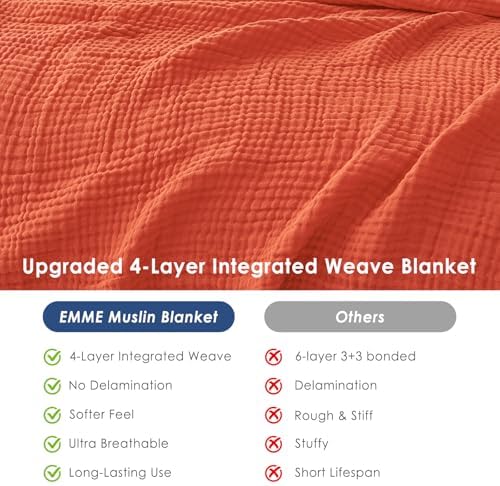 EMME Cotton Muslin Twin XL Blanket Breathable Gauze Soft Lightweight Adults Gifts for Women (Heather Orange Rust, 66"x90") - Image 6