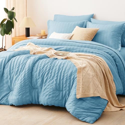 CozyLux Queen Comforter Set, 7 Pieces Sky Blue Seersucker Bed in a Bag by CozyLux