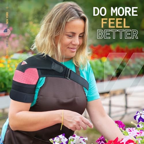 Shoulder Brace - Support & Injury Prevention Brace- Joint Pain Releaser- Shoulder Compression Wrap Strap - Adjustable Injury Accessories for Shoulders - Premium Quality Strap by FIGHTECH (Pink, L-XL) - Image 4