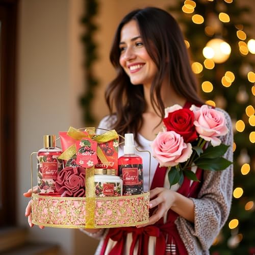 Bath & Body Basket Set, Cherry Fruit Scent Spa Gift Basket with Shower Gel, Lotions for Women Gift Set, Spa Kits for Christmas Valentine's Birthday Gift All Occasion Holiday Gift Idea Luxury Bath Set - Image 3