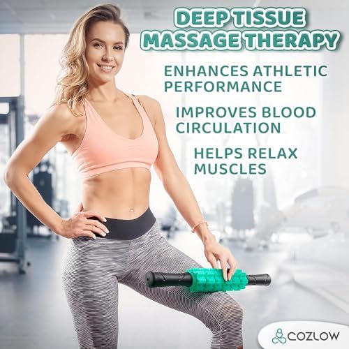 Muscle Roller Stick, Green, Hand Held Body Massager, 9 Rollers - Image 2