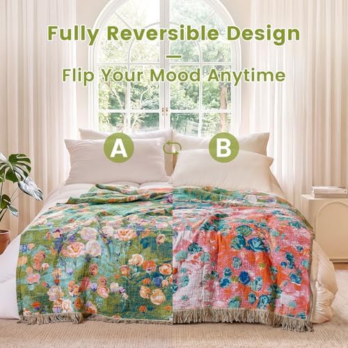 MSGKV Boho Throw Blanket 50"x60" Cotton Floral Muslin Blanket for Sofa - Image 4
