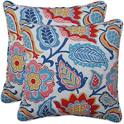 Pillow Perfect Bright Floral Indoor/Outdoor Accent Throw Pillow, Plush Fill, Weather, and Fade Resistant, Throw - 16.5" x 16.5", Blue/Red Moroccan Flowers, 2 Count by PillowPerfect