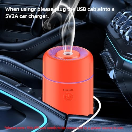 SEEDSEEL 100ML Car Essential Oil Diffuser, Mini Air Humidifier with 7-LED Color Changing, Suitable for Car (Orange) - Image 3