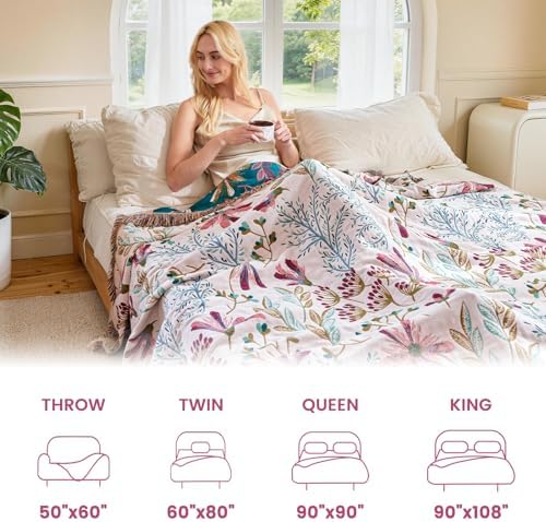 MSGKV Boho Throw Blanket 50"x60" 100% Cotton Floral Throw for Couch Sofa - Image 5
