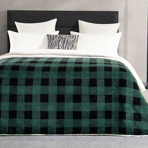 Elegant Comfort Ultra Soft Reversible Buffalo Plaid Flannel Sherpa Blanket - Cozy Silky Checkered Fleece Throw for Couch, Bed - Plush Fuzzy Warm Winter Blanket for Gift, Queen, Green - Image 4