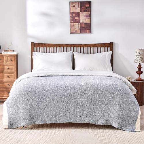 CozeCube Reversible Knitted Throw Blanket, Dusty Blue White Melange 60"x80" - Image 5