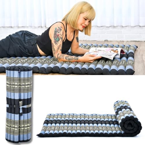 Leewadee - Foldable Floor Mattress - Japanese Roll Up Futon -Trifold Tatami Mat- Guest Floor Bed - Camping Mattress - Thai Massage Mat, Kapok Filled, 75 x 39 inches, Blue by Leewadee