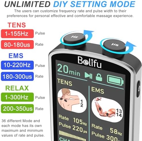 TENS EMS Unit Muscle Stimulator for Pain Relief Therapy - 4 in 1 TENS EMS Relax Custom Frequency+Pulse - Muscle Massager 36 Modes 20 Intensity, Memory & Favorites Function, 3.8" Color Display - Gray - Image 5