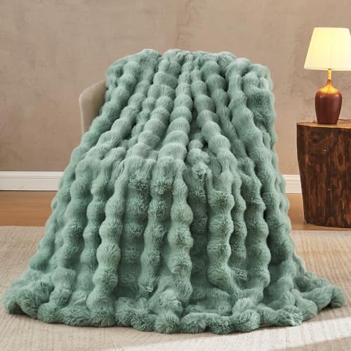 Lotus Karen Faux Fur Throw Blanket Sage Green - Big Bubble Rabbit Fluff Blanket for Couch Bed Sofa,Softest Fluffy Fuzzy Cozy Blanket, Plush Thick Furry Shaggy Warm Blankets for Women,50x60 Inches by LotusKaren