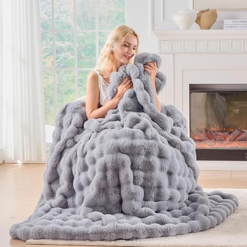 BENVWE Fluffy Faux Fur Throw Blanket for Couch, Soft Plush Thick Cozy Fuzzy Luxury Minky Bubble Blanket for Home Living Room Decor Gift for Women, Light Grey, 51" x 63", 1100GSM - Image 5