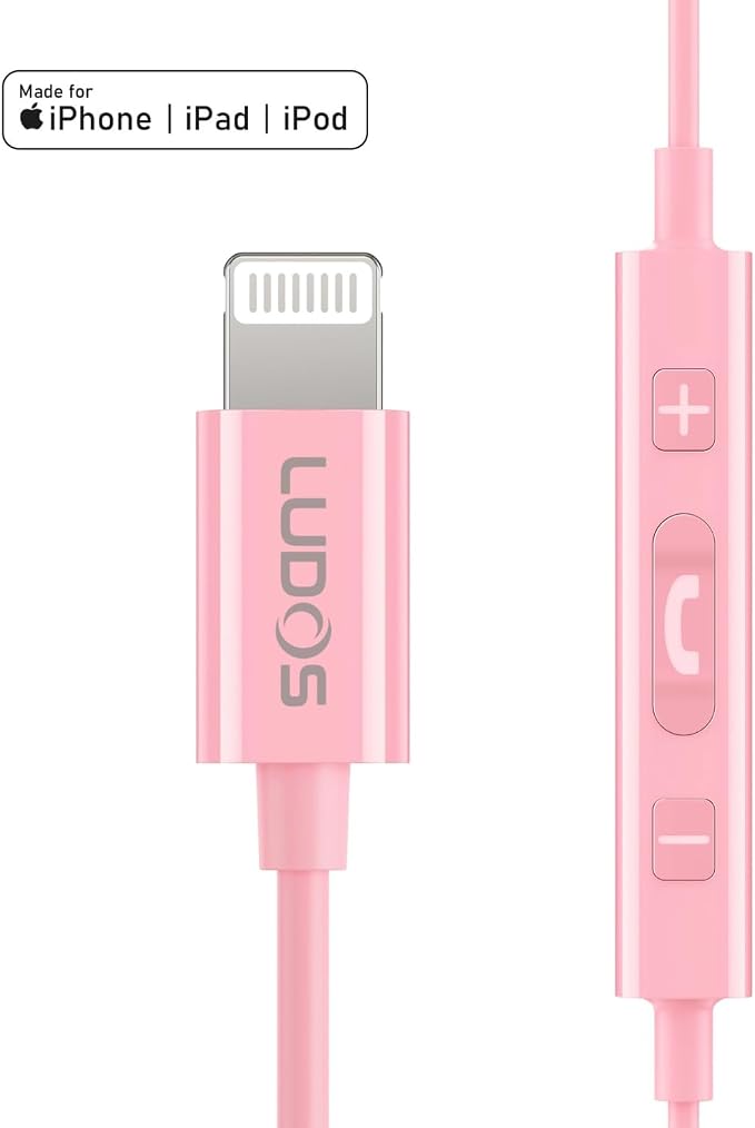 LUDOS Ultra iPhone Wired Headphones Earbuds Earphones with Lightning Connector Apple MFi Certified, 5 Years Warranty, for iPhone 14 13 12 11 Pro Max X XS XR 8 7 Plus with Microphone Control - Pink - Image 7