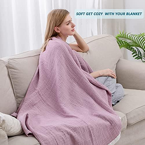 SE SOFTEXLY Muslin Throw Blanket, 4-Layer Dyed Yarn, 90”x102”, Purple - Image 4