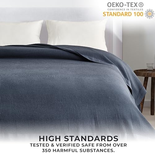 Great Bay Home 100% Cotton Blanket for Twin Size Bed | Lightweight and Breathable Waffle Weave Blankets for Summer & Spring | Versatile, Layering Navy Bed Blanket, Ocean Blue, 90x66 inches - Image 5