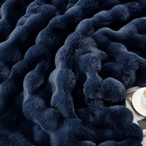 DREAMNINE Soft Faux Bubble Rabbit Fur Blanket Twin Size, Thick Cozy Decorative Warm Fuzzy Fur Blanket for Bed Couch Sofa Chair Bedroom Living Room Dorm Gift, 60 * 70 Inches, Navy Blue - Image 4