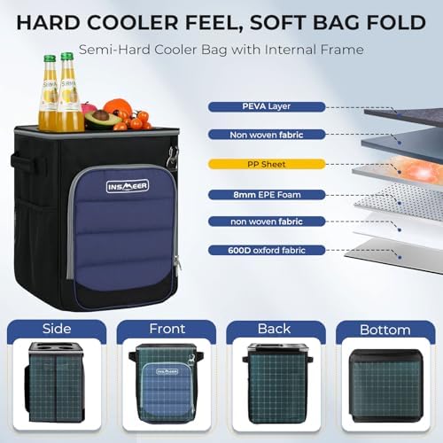INSMEER 2-in-1 Rolling Cooler with Wheels, 60 Cans Collapsible Soft Sided Cooler on Wheels, Hard Top with 2 Cup Holders, Insulated 100% Leakproof Wheeled Cooler Bag for Beach Camping Outdoor - Image 3