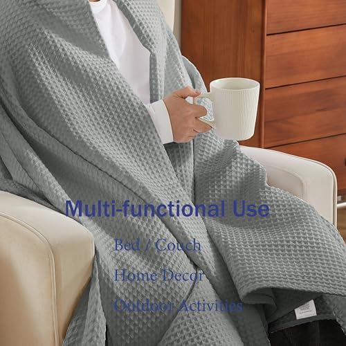 100% Egyptian Cotton Waffle Weave Throw Blanket for Bed Couch Sofa Home Decor, Soft Lightweight Bed & Couch Blanket for All Seasons (Light Grey - Full Size - 84 * 90") - Image 4