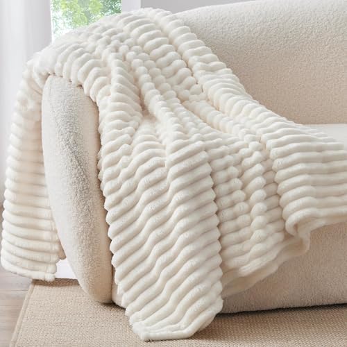 BEDELITE Ribbed Fleece Throw Blanket for Couch, Cream, 50"x60" by BEDELITE