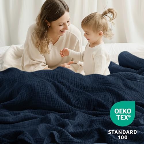 100% Cotton Muslin Blanket King 108" x 90", 6 Layers Breathable and Lightweight Cotton Throw Blanket for Bed, Soft Quilt Bedspread Coverlet, Gauze Blanket for Adults All Season, Navy - Image 5