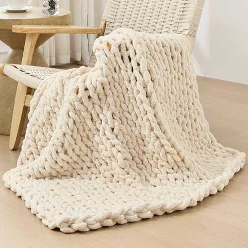Bigacogo Chunky Knit Throw Blanket for Couch, 40x40 inches, Beige by Bigacogo