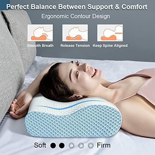 Anvo Memory Foam Pillow, Neck Contour Cervical Orthopedic Bed Pillow for Sleeping Side Back Stomach Sleeper, Ergonomic Design for Neck and Shoulder Pain Relief, Blue White, Soft - Image 2
